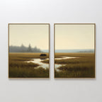 The Wetland Bear - Set Of 2 features two framed landscape paintings: one shows a misty marsh with tall grasses and water, while the other displays the same scene with a bear walking through it.