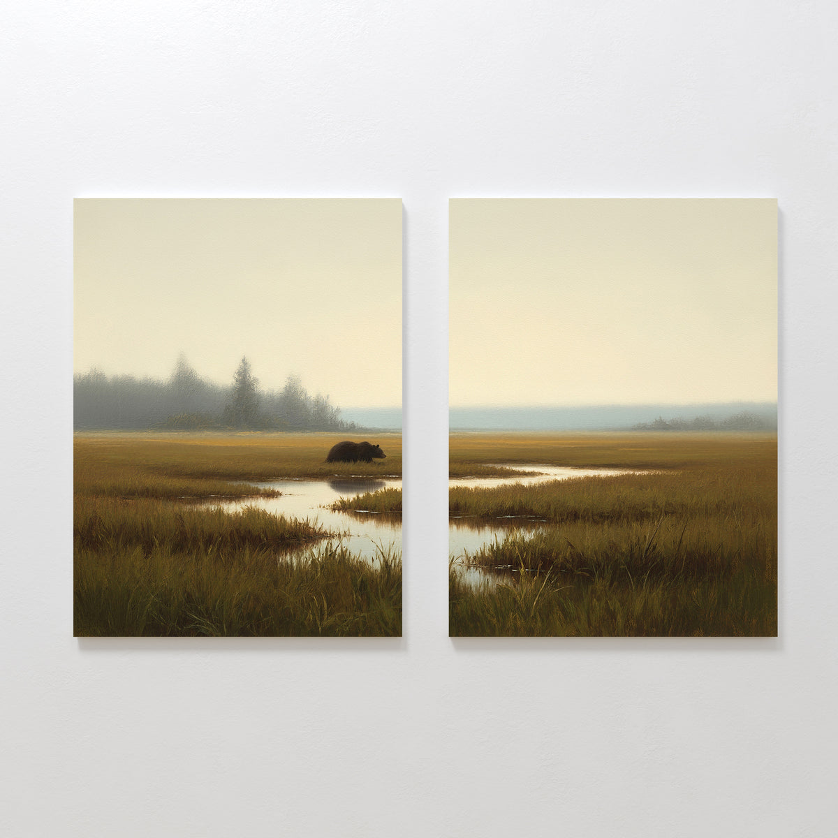 The "Wetland Bear - Set Of 2" features two canvas prints with misty marshland scenery, tall grasses, water, distant trees, and a bear—perfect wall art for any Nordic Park-inspired space.