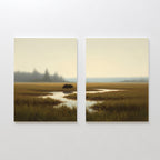 The "Wetland Bear - Set Of 2" features two canvas prints with misty marshland scenery, tall grasses, water, distant trees, and a bear—perfect wall art for any Nordic Park-inspired space.