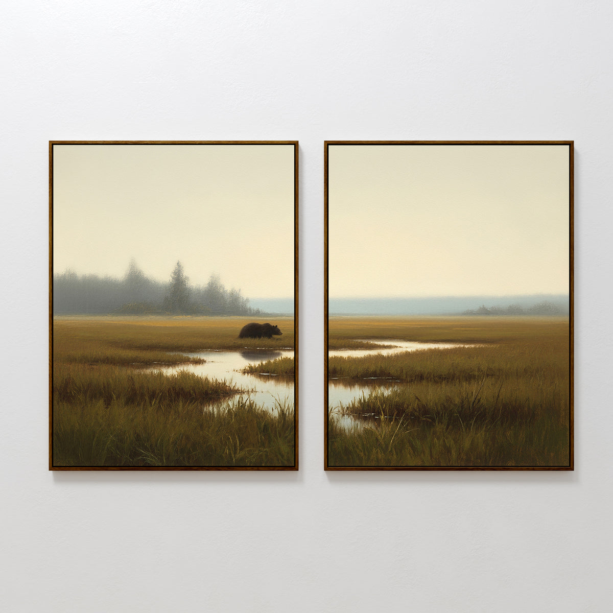 The Wetland Bear - Set Of 2 features two framed prints side by side, showing a bear in misty marshland with tall grasses and calm water. The landscape flows across both wall prints beneath a soft, overcast sky.