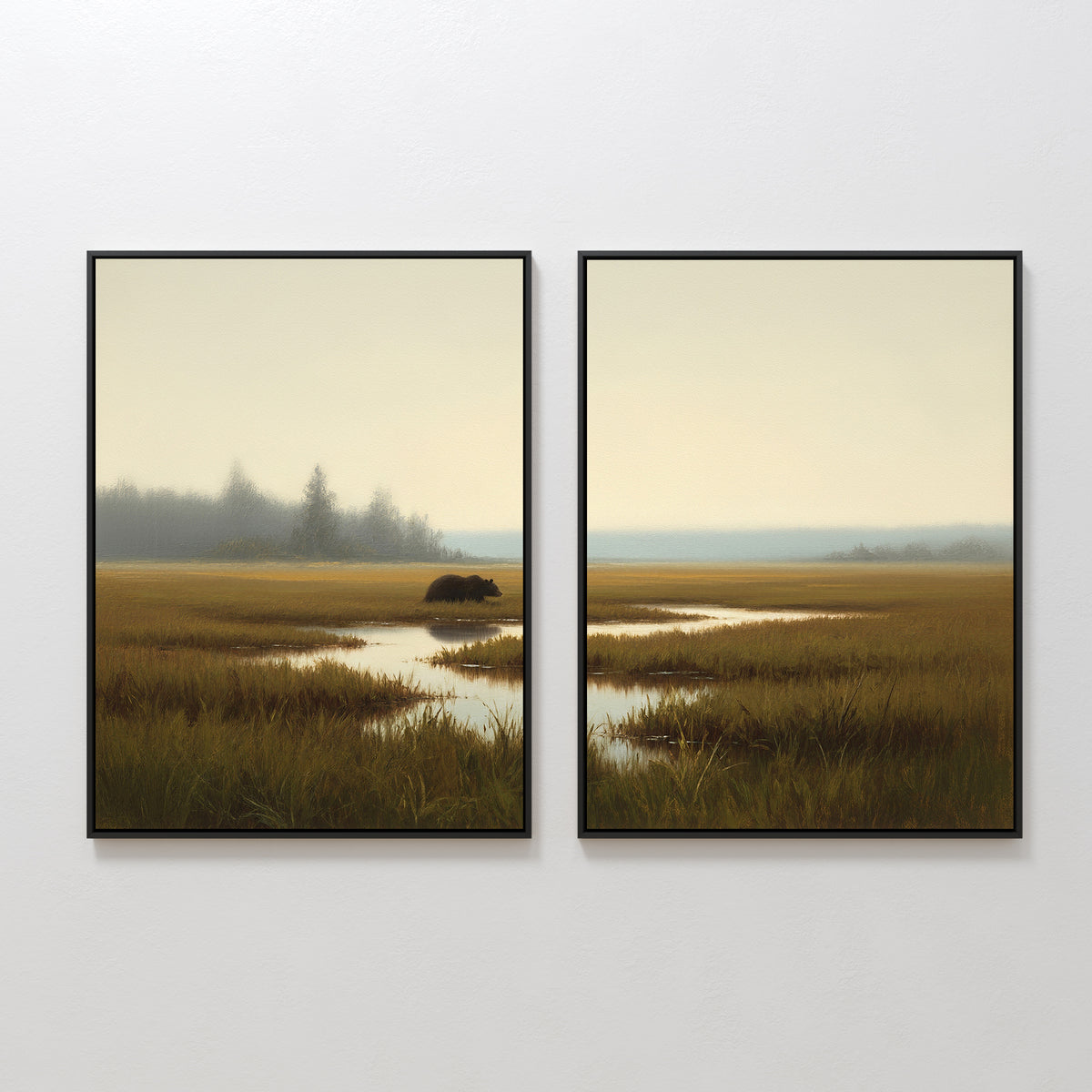 The "Wetland Bear - Set Of 2" features two framed art prints with a grassy Nordic wetland scene, misty trees, and a bear by a stream under a pale sky—creating a serene wall display.