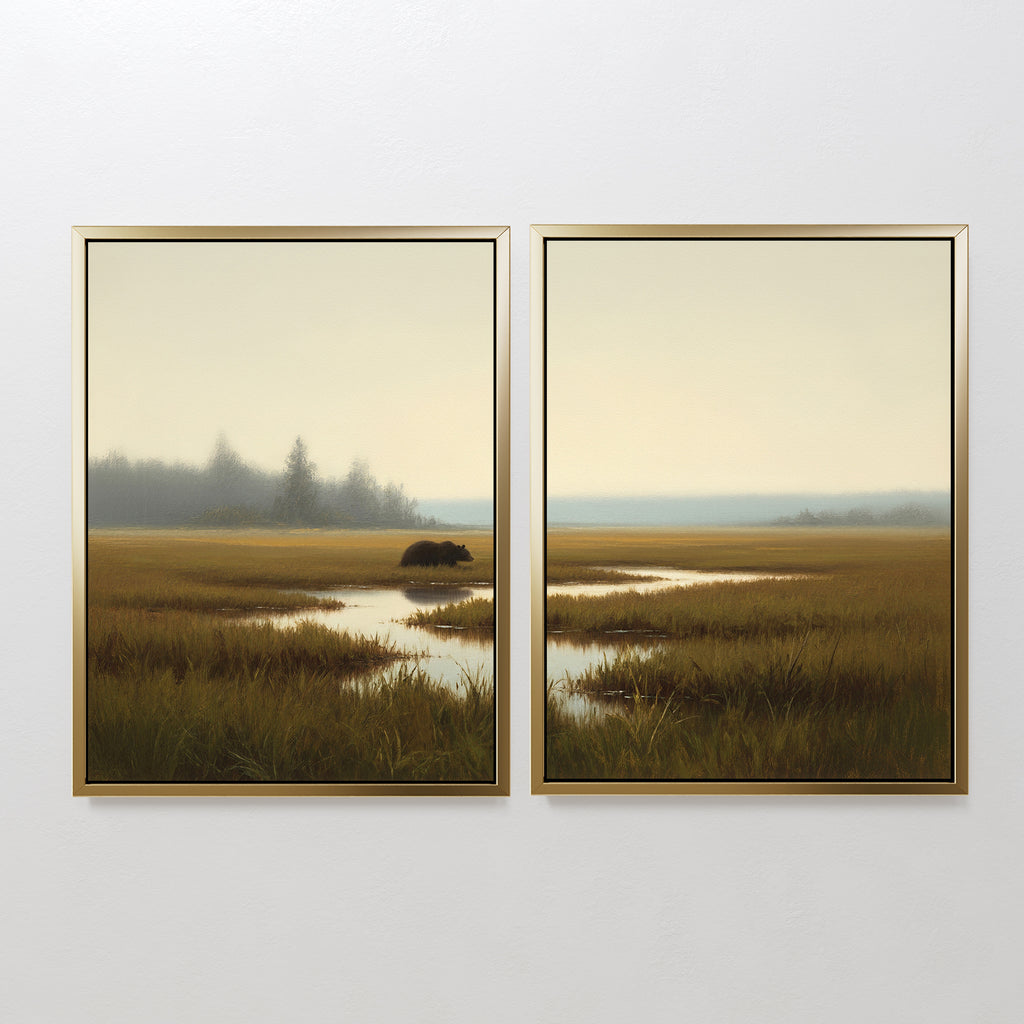 The Wetland Bear - Set Of 2 features two framed prints showing a serene wetland scene with tall grasses, calm water, distant trees, and a bear by the water’s edge beneath a pale sky.
