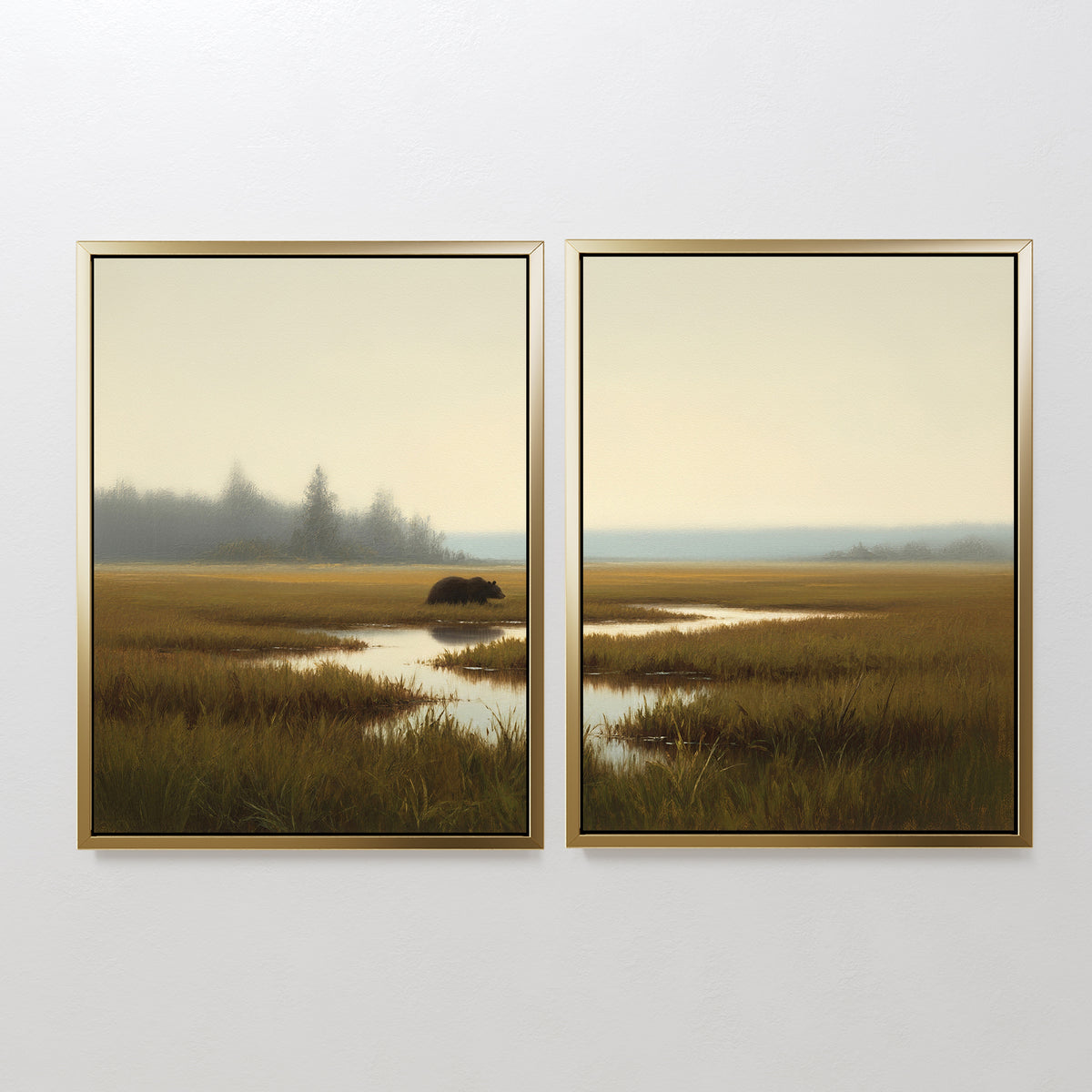 The Wetland Bear - Set Of 2 features two framed prints showing a serene wetland scene with tall grasses, calm water, distant trees, and a bear by the water’s edge beneath a pale sky.