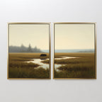 The Wetland Bear - Set Of 2 features two framed prints showing a serene wetland scene with tall grasses, calm water, distant trees, and a bear by the water’s edge beneath a pale sky.