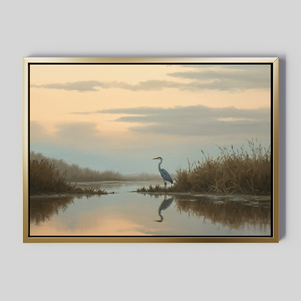 The Wetland Heron Canvas Art - Horizontal features a serene marsh scene with a heron in calm water at sunset, surrounded by tall grasses and reflecting clouds—ideal tranquil decor for any space.