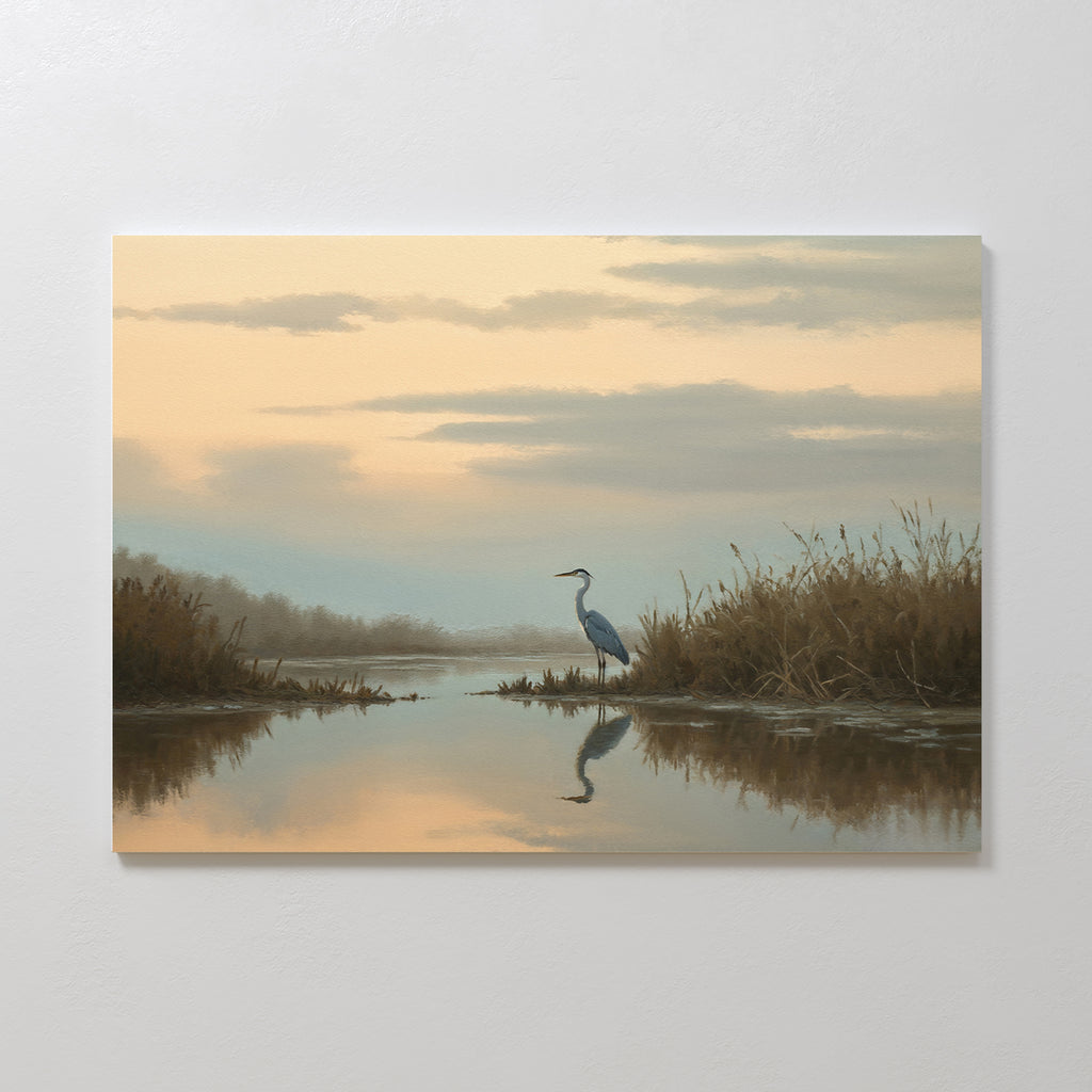 Wetland Heron Canvas Art - Horizontal features a serene marsh sunset with a blue heron in tall grasses, ideal for adding peaceful marsh landscape decor to any space.