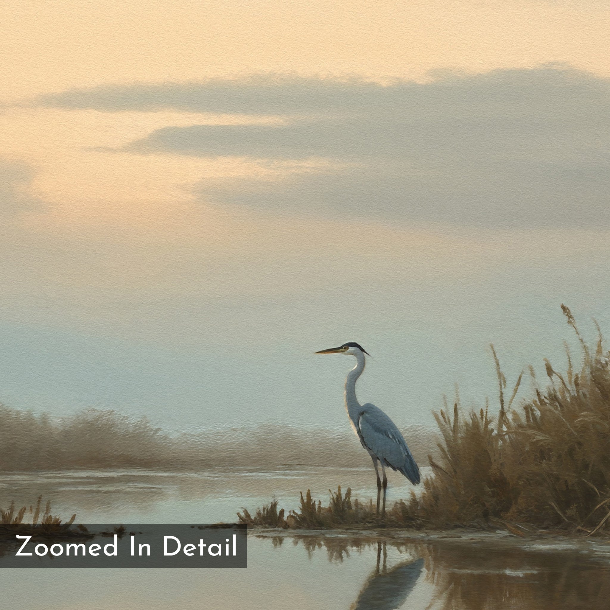 The Wetland Heron Canvas Art - Horizontal features a tall heron by the water’s edge at sunset among reeds, with painterly detail and soft reflections. Text reads Zoomed In Detail—ideal for heron wall art or marsh landscape decor.