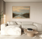 A modern living room with a light beige sectional, wooden coffee table, and striking Wetland Heron Canvas Art - Horizontal—Nordic Park marsh landscape decor—illuminated by soft natural light drifting through curtains.