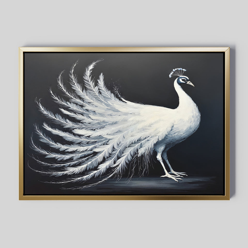 The White Peacock Display Canvas Art - Horizontal features a detailed white peacock with a fanned tail on a dark background, elegantly framed in gold—a sophisticated accent for any space.