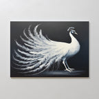 The White Peacock Display Canvas Art - Horizontal features a graceful white peacock with fanned tail feathers against a dark background, showcasing its elegant plumage—a striking print for any space.
