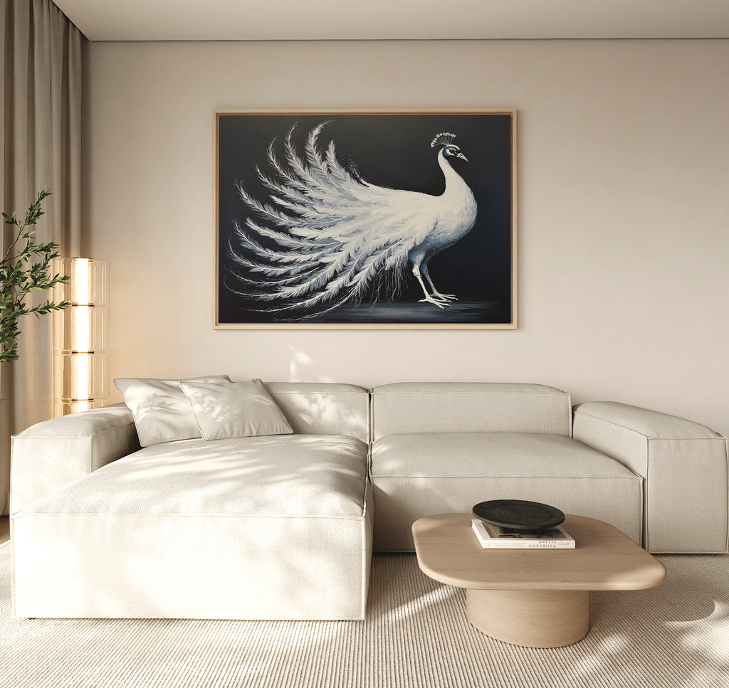 A modern living room with a light beige sectional, wooden coffee table, and the White Peacock Display Canvas Art - Horizontal hanging above the couch. Neutral tones and gentle natural lighting complete the elegant atmosphere.