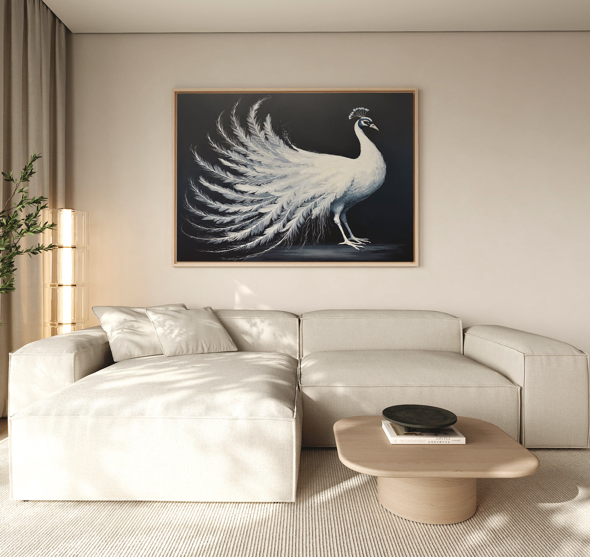 A modern living room with a light beige sectional, wooden coffee table, and the White Peacock Display Canvas Art - Horizontal hanging above the couch. Neutral tones and gentle natural lighting complete the elegant atmosphere.