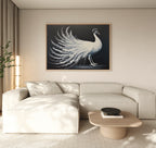 A modern living room with a light beige sectional, wooden coffee table, and the White Peacock Display Canvas Art - Horizontal hanging above the couch. Neutral tones and gentle natural lighting complete the elegant atmosphere.