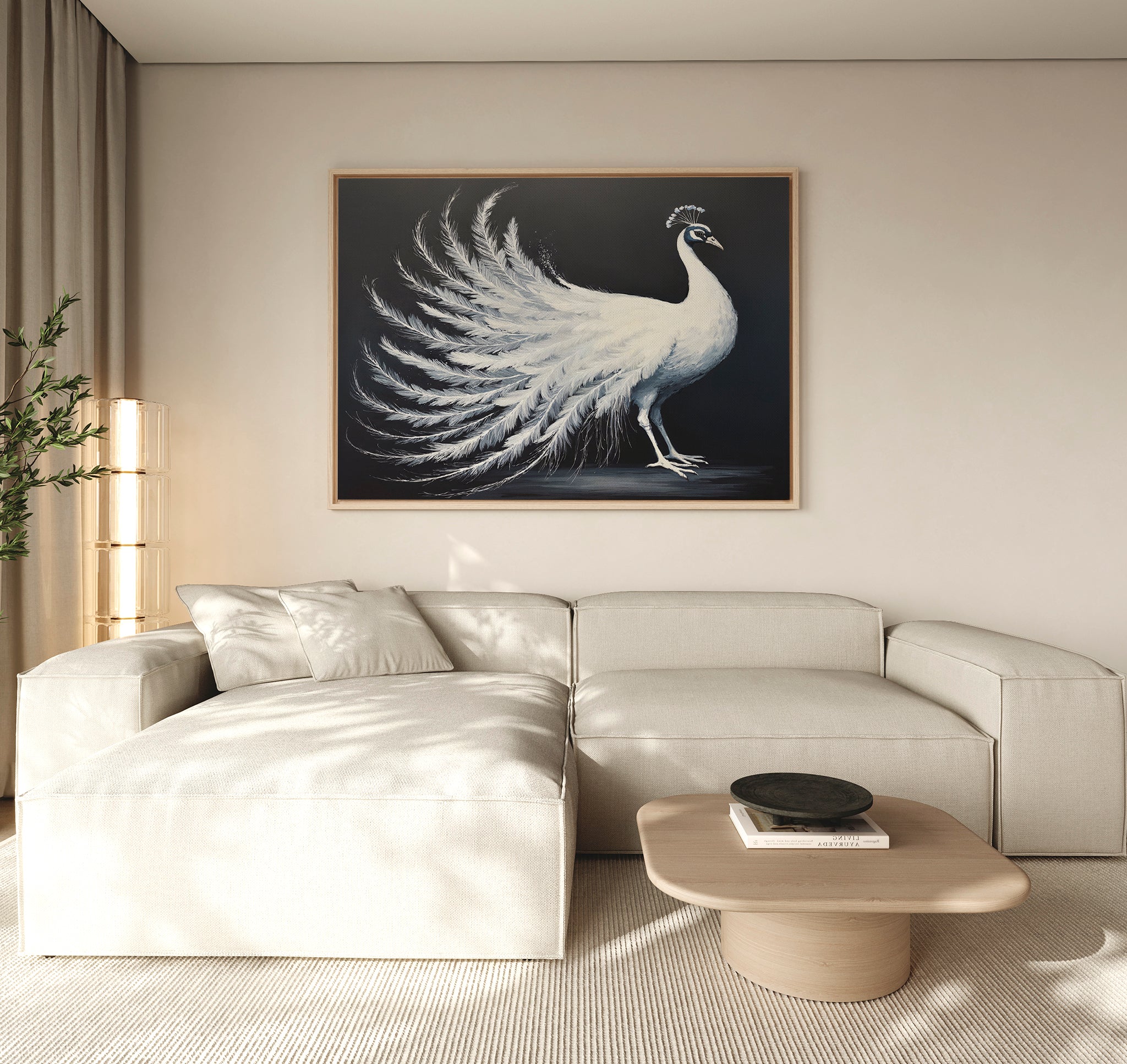 A modern living room with a light beige sectional, wooden coffee table, and the White Peacock Display Canvas Art - Horizontal hanging above the couch. Neutral tones and gentle natural lighting complete the elegant atmosphere.