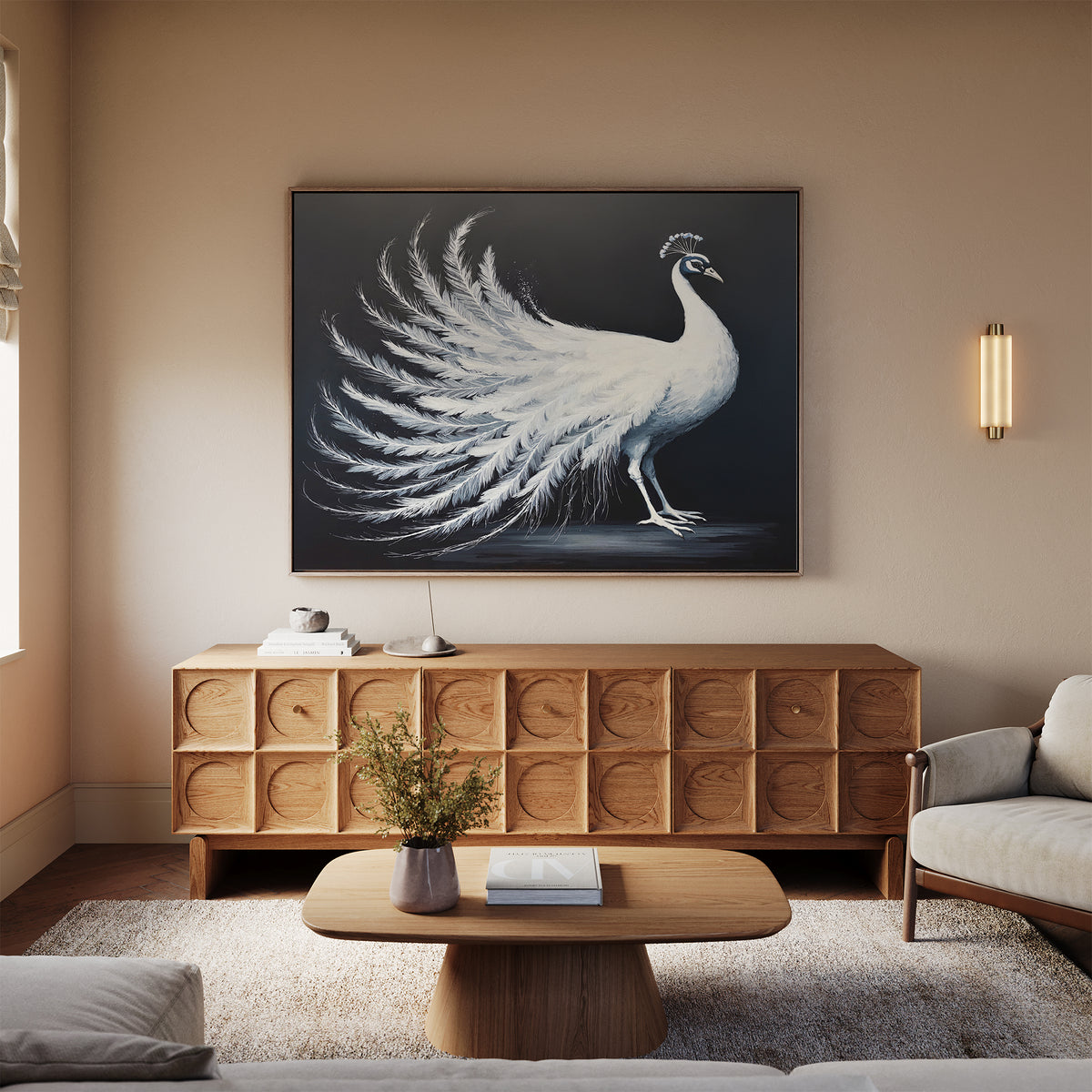 A living room with a wooden sideboard, the White Peacock Display Canvas Art - Horizontal above it, a beige sofa, a wooden coffee table with book and vase, neutral walls, and soft natural light.