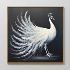The White Peacock Display Canvas Art - Square features a white peacock with a fanned tail against a dark backdrop in a wooden frame, making its striking feathers stand out elegantly as wall decor.