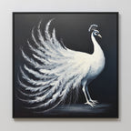 The White Peacock Display Canvas Art - Square features an elegant white peacock with a fanned tail against a dark background, making this framed Nordic-style print stand out beautifully on any light-colored wall.