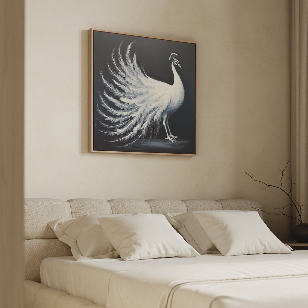 A beige, modern bedroom features a neatly made bed with four white pillows. Above the bed hangs the White Peacock Display Canvas Art - Square, while a bare decorative branch rests on the bedside table.