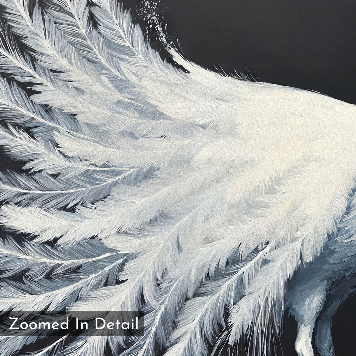 Close-up painting of a white peacock's feathery wing with fine details on a dark background. "Zoomed In Detail" appears in the bottom left. White Peacock Display Canvas Art - Square makes elegant wall decor.