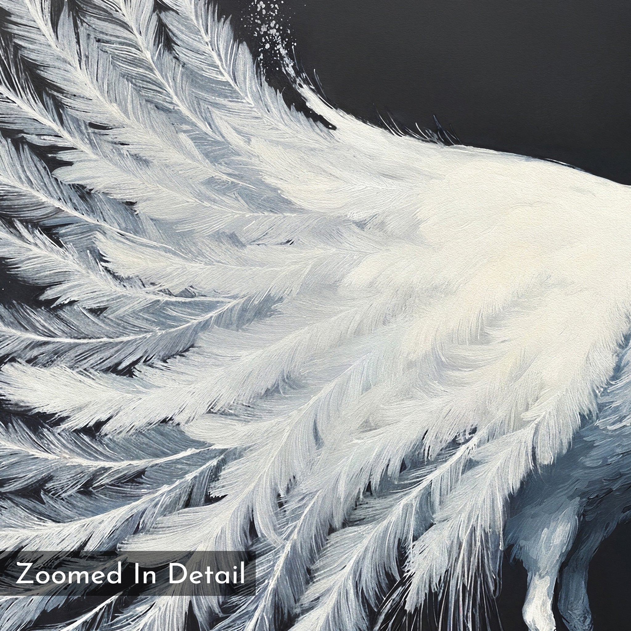 Close-up painting of a white peacock's feathery wing with fine details on a dark background. "Zoomed In Detail" appears in the bottom left. White Peacock Display Canvas Art - Square makes elegant wall decor.