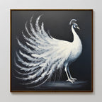 The White Peacock Display Canvas Art - Square showcases a white peacock with an elaborate fanned tail on a dark background, highlighting its elegant feathers and graceful pose—ideal as sophisticated wall art.
