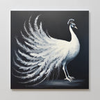 The White Peacock Display Canvas Art - Square features a graceful white peacock in profile with an elegant fanned tail on a dark background, making it the perfect sophisticated wall art for any space.