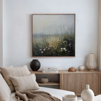 A cozy living room features a beige sofa with cushions, a wooden sideboard displaying books and vases, and Wildflowers Canvas Art—a framed misty meadow scene—adding charm to the white wall. Ideal for inviting living room decor.