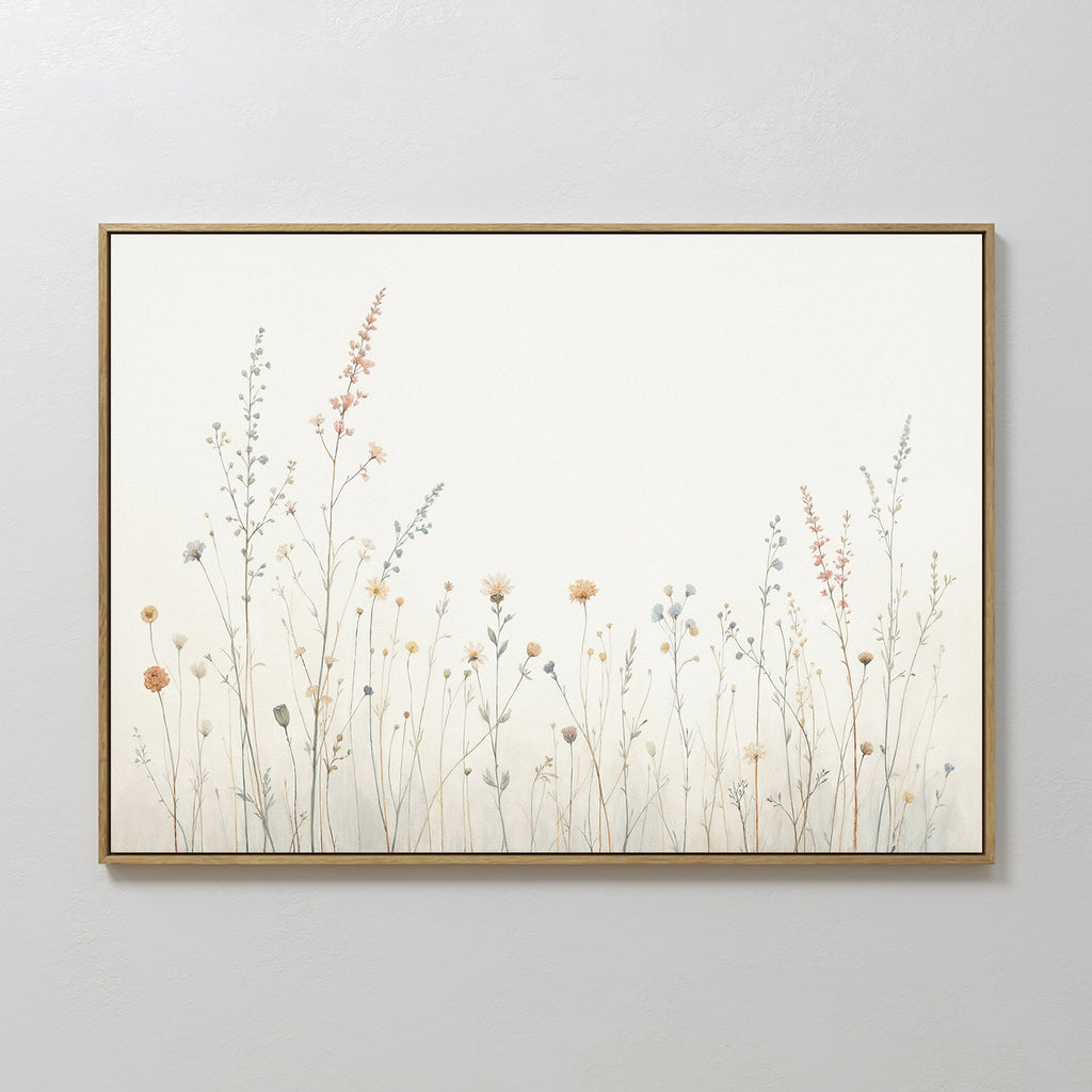 The Wildflower Dreams Canvas Art - Horizontal features delicate pastel wildflowers and grasses on a white background, creating a soft, minimalist look inspired by Nordic parks.