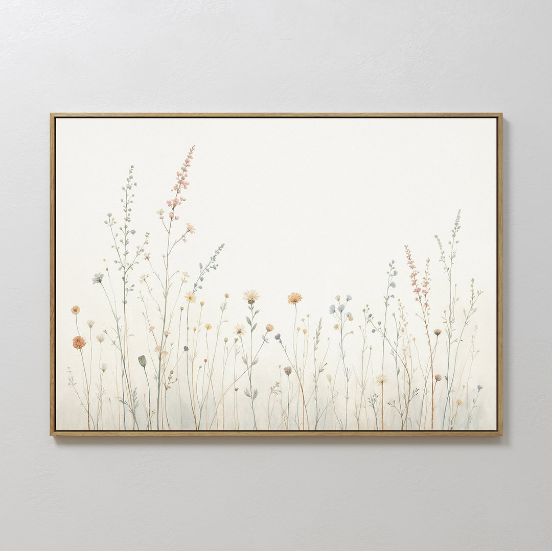 The Wildflower Dreams Canvas Art - Horizontal features delicate pastel wildflowers and grasses on a white background, creating a soft, minimalist look inspired by Nordic parks.