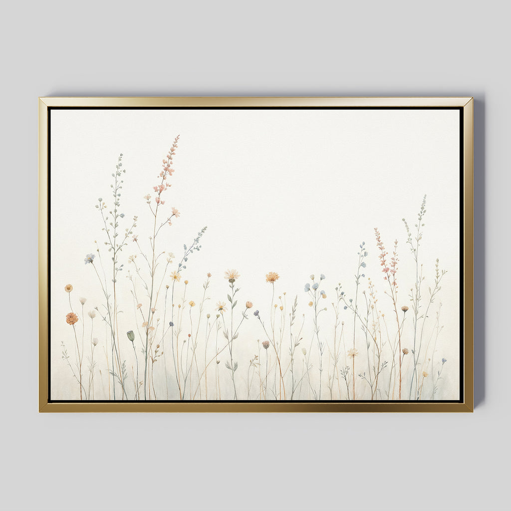 Add Nordic Park charm to any space with the Wildflower Dreams Canvas Art - Horizontal: minimalist botanical wall art featuring delicate wildflowers and grasses in soft pastels on white, elegantly finished with a gold frame.