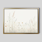 Add Nordic Park charm to any space with the Wildflower Dreams Canvas Art - Horizontal: minimalist botanical wall art featuring delicate wildflowers and grasses in soft pastels on white, elegantly finished with a gold frame.