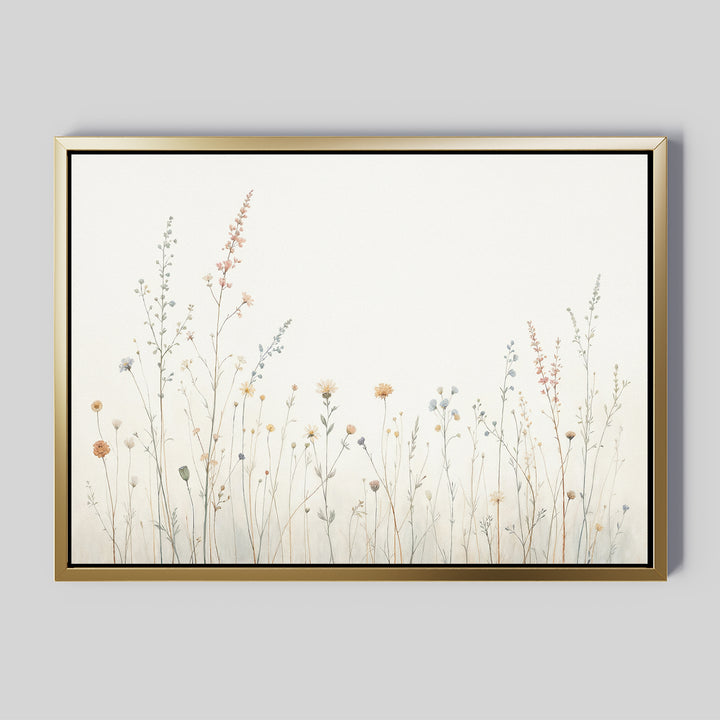 Add Nordic Park charm to any space with the Wildflower Dreams Canvas Art - Horizontal: minimalist botanical wall art featuring delicate wildflowers and grasses in soft pastels on white, elegantly finished with a gold frame.
