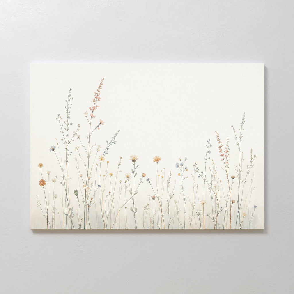 The Wildflower Dreams Canvas Art - Horizontal features delicate wildflowers and dried grasses in pastel tones on a cream background, ideal as botanical wall art for a Nordic Park-inspired space.