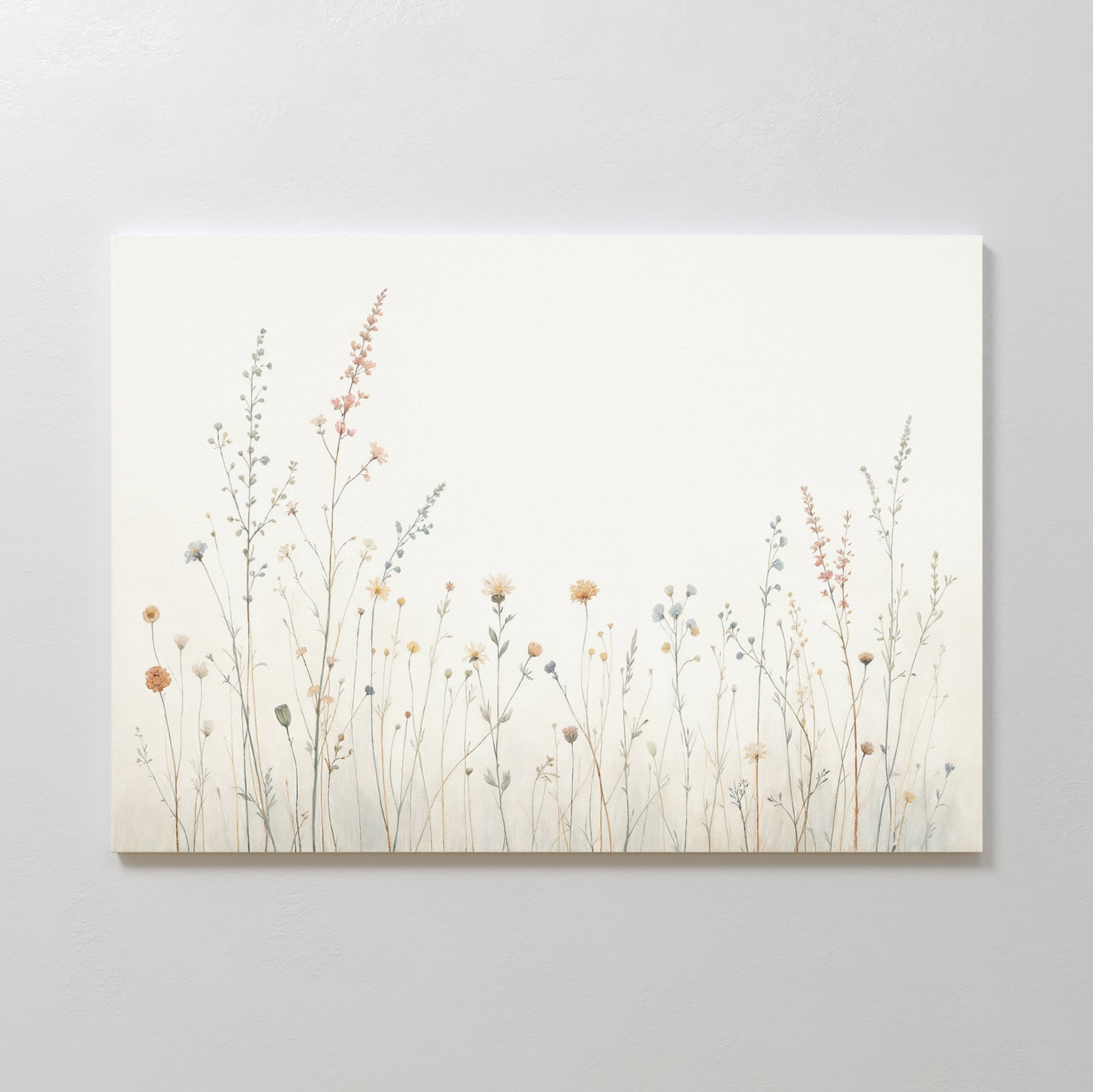 The Wildflower Dreams Canvas Art - Horizontal features delicate wildflowers and dried grasses in pastel tones on a cream background, ideal as botanical wall art for a Nordic Park-inspired space.