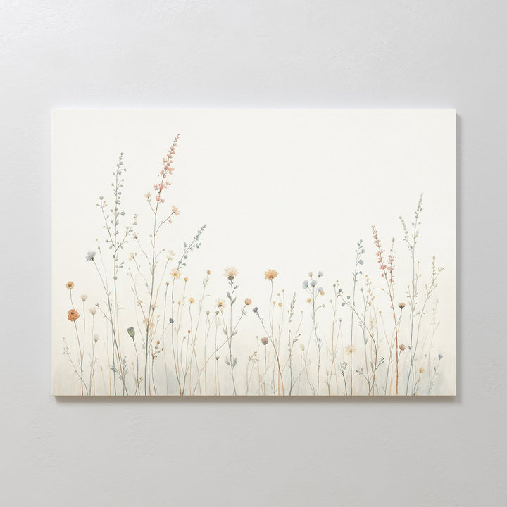 The Wildflower Dreams Canvas Art - Horizontal features delicate wildflowers and dried grasses in pastel tones on a cream background, ideal as botanical wall art for a Nordic Park-inspired space.