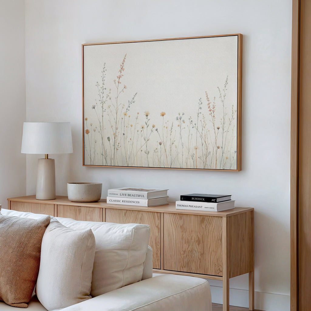 A minimalist living room features a light wood sideboard, white table lamp, books, and decor. Above, the Wildflower Dreams Canvas Art - Horizontal brings botanical flair to the white wall. A white couch with pillows sits invitingly in front.