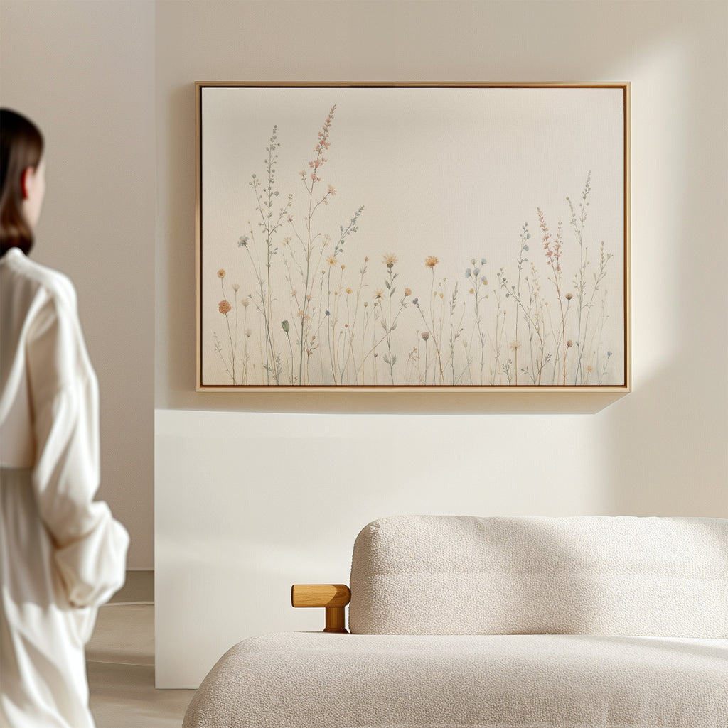 A woman stands in a softly lit, minimalist room with a beige couch and the Wildflower Dreams Canvas Art - Horizontal, botanical wall art that brings Nordic Park-inspired tranquility to the space.