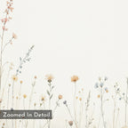 Wildflower Dreams Canvas Art - Horizontal features minimalist wildflowers in soft pastels along the bottom of a light, textured background, with a gray box at lower left showing the text "Zoomed In Detail." Perfect as botanical wall art.