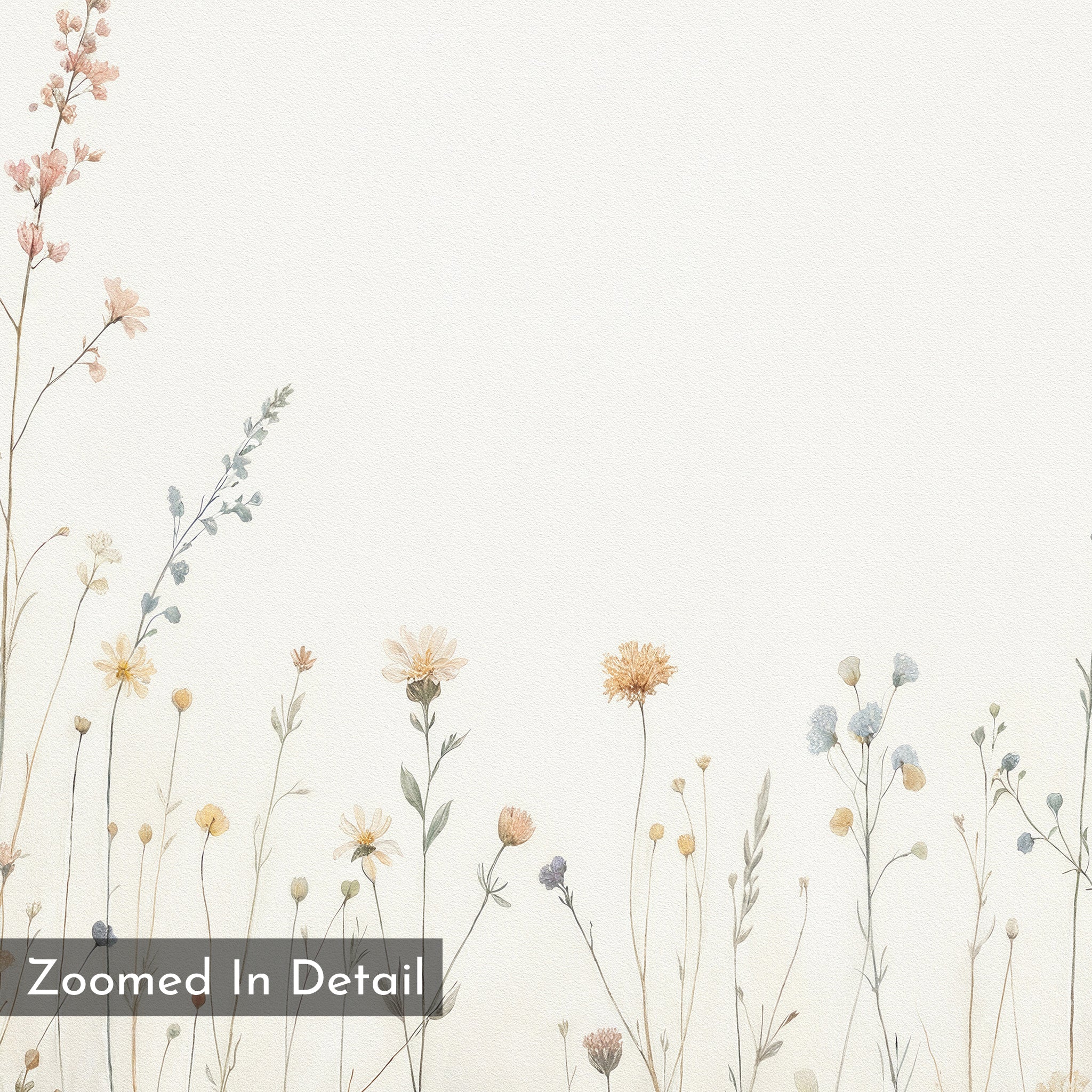 Wildflower Dreams Canvas Art - Horizontal features minimalist wildflowers in soft pastels along the bottom of a light, textured background, with a gray box at lower left showing the text "Zoomed In Detail." Perfect as botanical wall art.