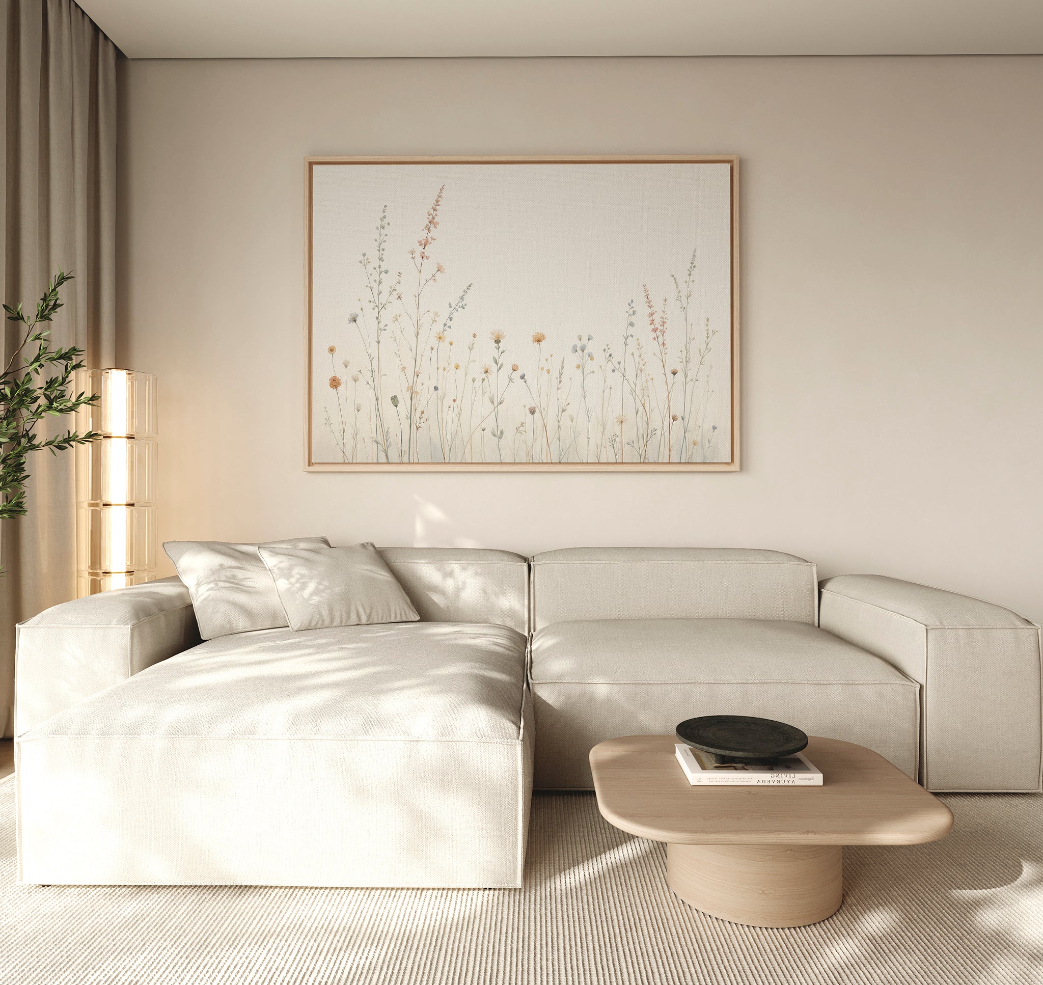 A living room featuring a large couch and the Wildflower Dreams Canvas Art - Horizontal, adding botanical wall art and Nordic-inspired elegance to the space.