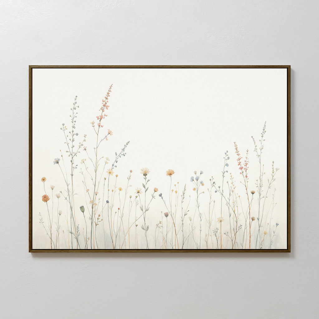 The Wildflower Dreams Canvas Art - Horizontal features delicate pastel wildflowers and grasses on a white background with a simple dark border, creating an airy, calming vibe—perfect for adding Nordic Park-inspired charm to your space.