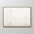 The Wildflower Dreams Canvas Art - Horizontal features delicate pastel wildflowers and grasses on a white background with a simple dark border, creating an airy, calming vibe—perfect for adding Nordic Park-inspired charm to your space.