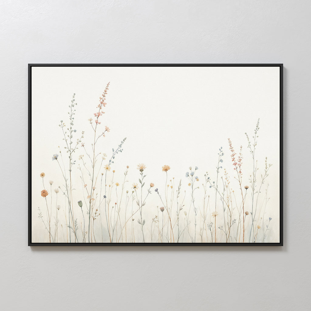 Wildflower Dreams Canvas Art - Horizontal showcases delicate, softly colored wildflowers and grasses on a light neutral background. Sparsely arranged plants create an airy, serene feel, elegantly framed in black for Nordic-inspired style.