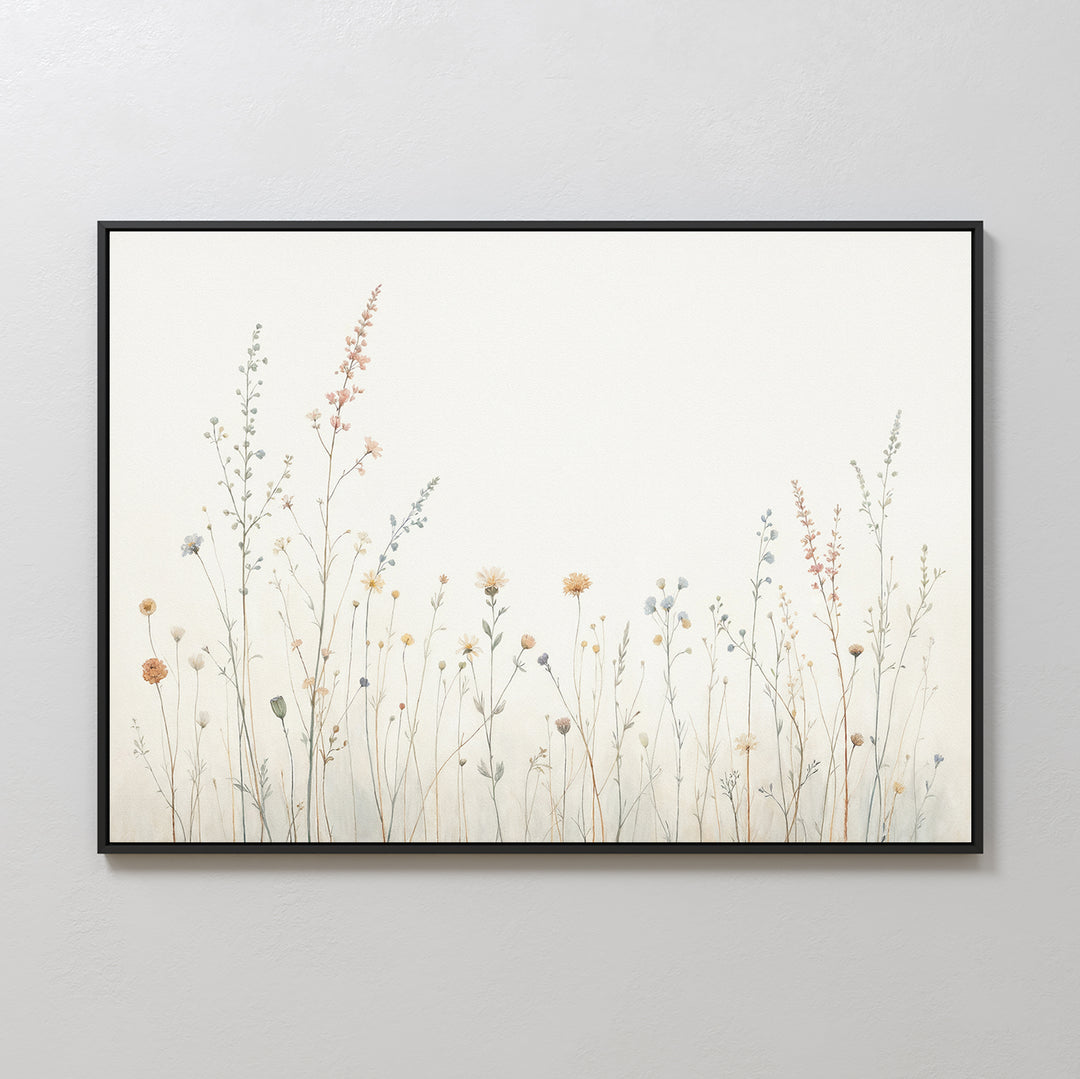 Wildflower Dreams Canvas Art - Horizontal showcases delicate, softly colored wildflowers and grasses on a light neutral background. Sparsely arranged plants create an airy, serene feel, elegantly framed in black for Nordic-inspired style.