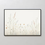 Wildflower Dreams Canvas Art - Horizontal showcases delicate, softly colored wildflowers and grasses on a light neutral background. Sparsely arranged plants create an airy, serene feel, elegantly framed in black for Nordic-inspired style.