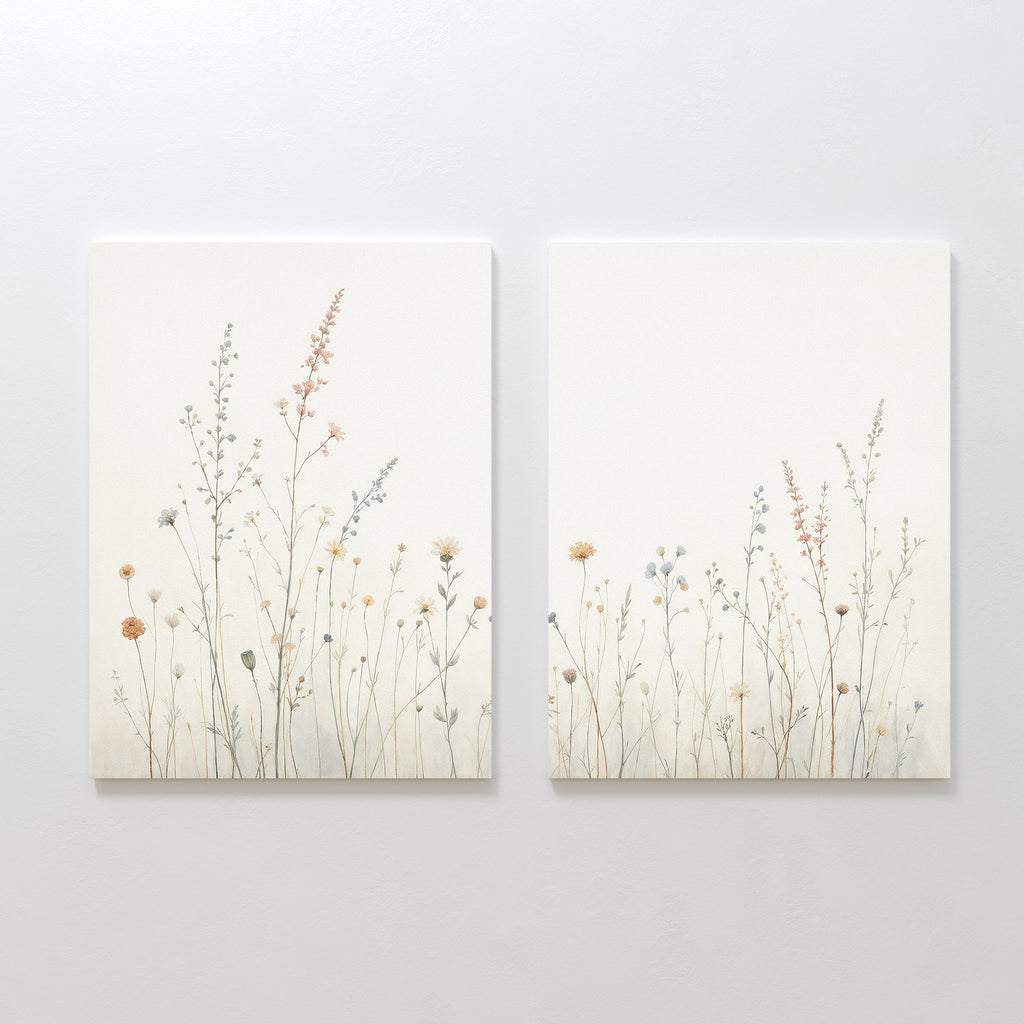 Enhance your space with Wildflower Dreams - Set of 2: minimalist canvas prints featuring delicate, pastel wildflowers on a white background, perfect for adding serene Nordic Park-inspired charm to your décor.