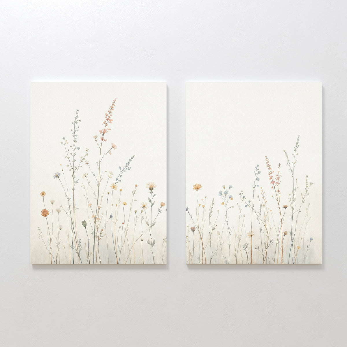 Enhance your space with Wildflower Dreams - Set of 2: minimalist canvas prints featuring delicate, pastel wildflowers on a white background, perfect for adding serene Nordic Park-inspired charm to your décor.