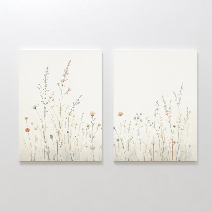 Enhance your space with Wildflower Dreams - Set of 2: minimalist canvas prints featuring delicate, pastel wildflowers on a white background, perfect for adding serene Nordic Park-inspired charm to your décor.