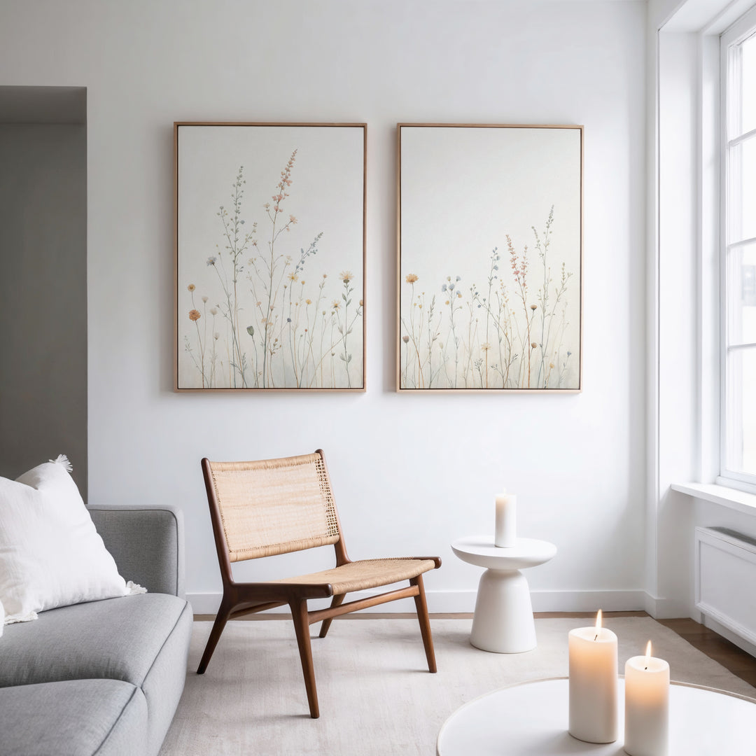 A modern, minimal living room featuring a wooden chair, round white table, three lit candles, and the Wildflower Dreams - Set of 2 botanical wall art on a white wall beside a large window.