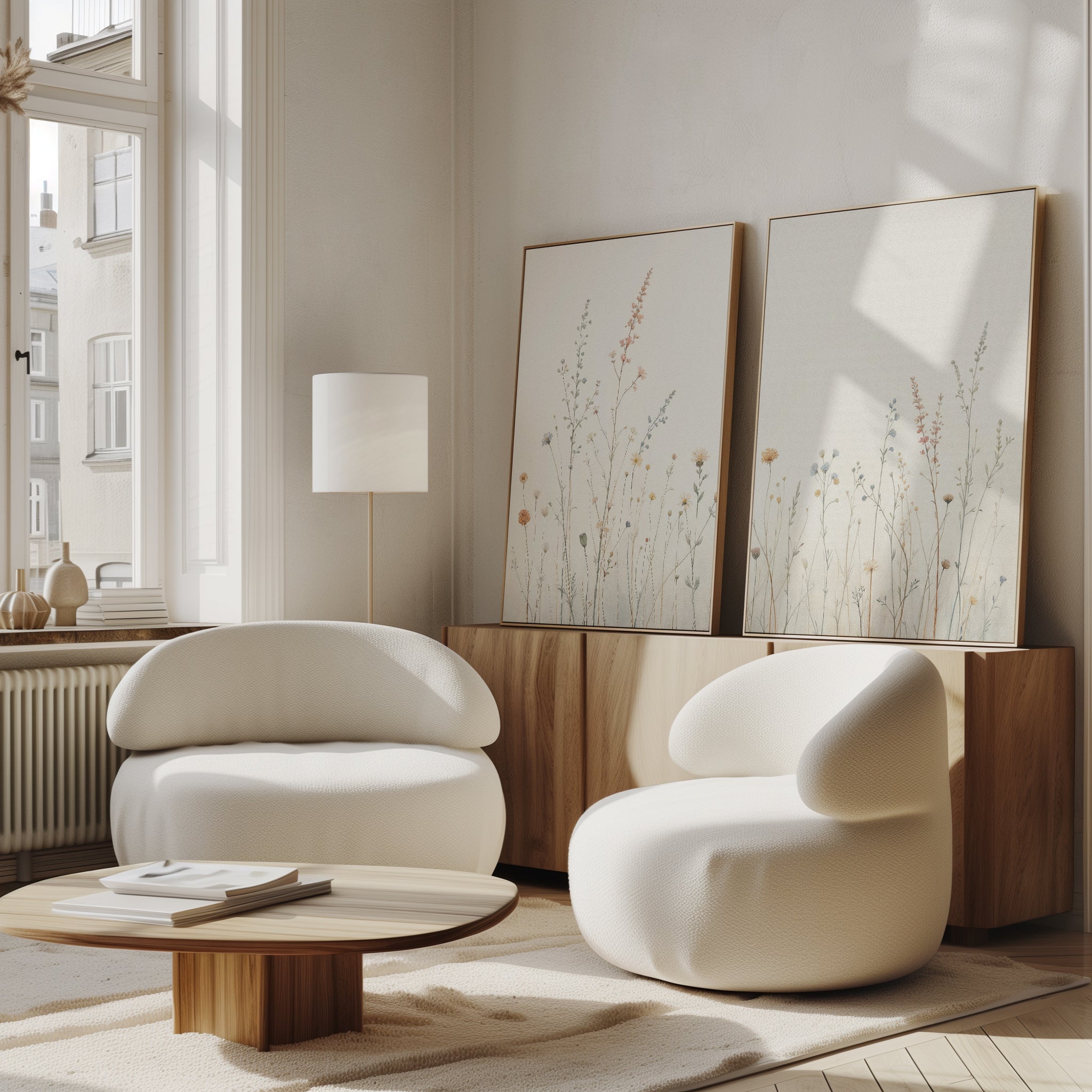 The bright, minimalist living room features the Wildflower Dreams - Set of 2 modern white armchairs and a low wooden table, with neutral decor, large windows, and botanical wall art leaning against a wooden sideboard.